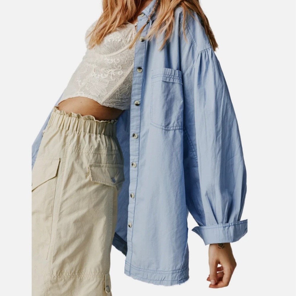 Free People We The Free Happy Hour Solid Poplin Top Blue Mirage Tunic Shirt S